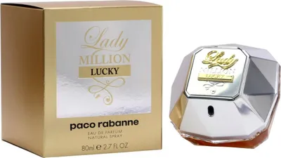 Paco Rabanne Lady Million Lucky Eau de Parfum, 80 ml, in diamantförmigem silber-goldenem Flakon neben passender goldener Verpackung.
