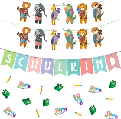 Produktbild von Oblique Unique Schuleinführung Schulanfang Einschulung Deko Set - Tier Girlande + Schulkind Girlande + Konfetti Schule