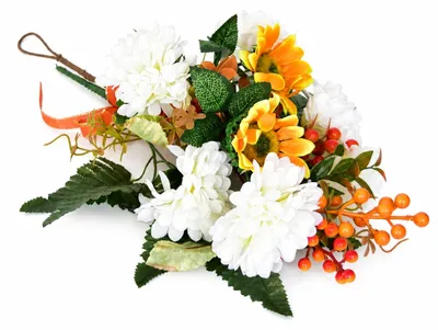 Productafbeelding van Herfstboeket voor Allerzielen, met witte chrysanten en zonnebloemen, 50x25 cm