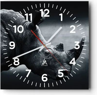 Produktbild von Wanduhr - Quadrat - Glasuhr - Nashorn Schwarzweiß Porträt - 40x40cm - Schleichendes Uhrwerk - Lautlos - zum Aufhängen bereit - Dekoration Modern - Wanddekoration aus Glas - C4AC40x40-4347