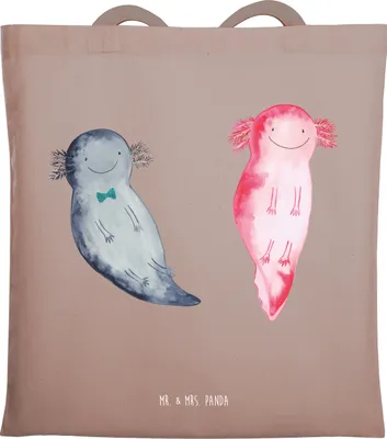Produktbild von Mr. & Mrs. Panda Shopping Tasche Axolotl Freundin - Braun Pastell - Geschenk, Valentinstag, Lurch, Laptoptasche, Jutebeutel, Stoffbeutel, Tote Bag, Liebe