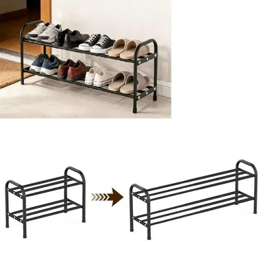 Immagine prodotto di Scaffale porta scarpe estraibile, 2 ripiani, metallo nero, larghezza 43-78 cm