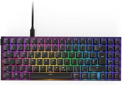 A top-down view of a gaming keyboard with RGB lighting.