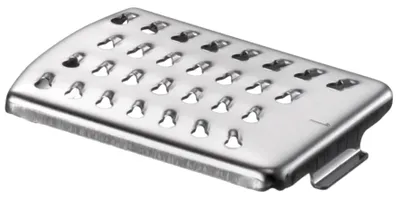 A close-up, studio shot of a stainless steel grater attachment for a kitchen appliance.