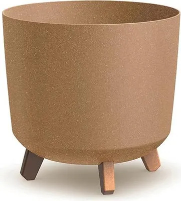 A brown planter pot with three wooden legs.