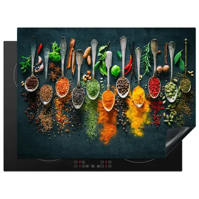 Produktbild von KitchenYeah© Herdabdeckplatte Kräuter - Gewürze - Löffel , 71x52cm, Küche Deko, Glaskeramikkochfeld Herdabdeckung, Abdeckplatte fùr Kochfeld