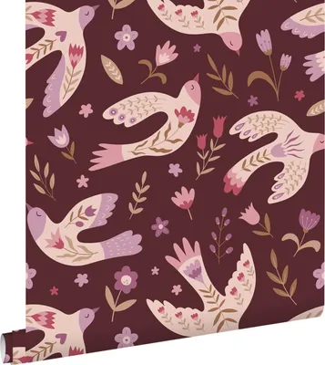 Produktbild von ESTAhome Tapete Blumen und Vögel Aubergineviolett 50 x 900 cm