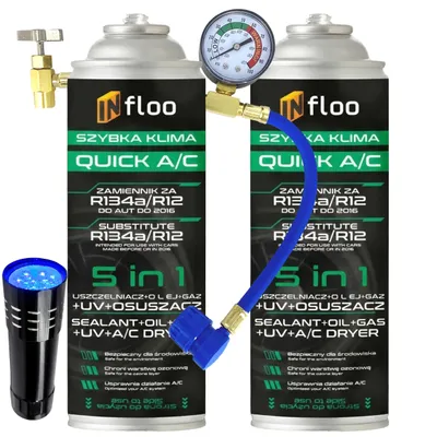 Produktbild von INfloo Quick A/C R134a 5in1–2x205g– R134a Kältemittel-Ersatz mit Öl, Dichtmittel, UV-Farbstoff und Trockner + Schlauch mit Manometer + UV-Taschenlampe