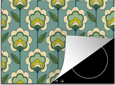 Produktbild von KitchenYeah© Herdabdeckplatte Retro - Design - 1970er Jahre - Blume , 71x52cm, Küche Deko, Glaskeramikkochfeld Herdabdeckung, Abdeckplatte fùr Kochfeld