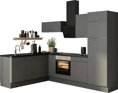 Obrázek produktu pro Rohová kuchyňská linka Optifit Mats825 270 cm barva čela čedičová šedá matná barva korpusu šedá v nesmontovaném stavu