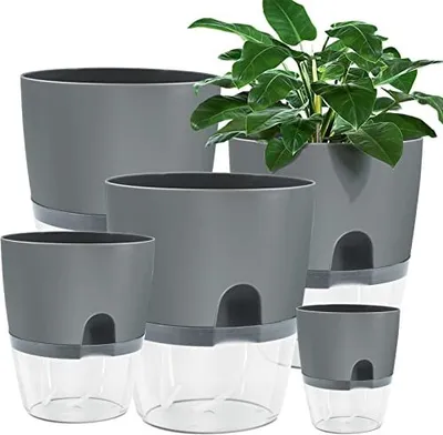 Zdjęcie produktu dla Plastikowa doniczka, 5 sztuk 15,3 cm/10,5 cm/8,2 cm doniczka na zioła z własnym zbiornikiem na wodę, nowoczesna doniczka na rośliny, kwiaty, zioła - szara