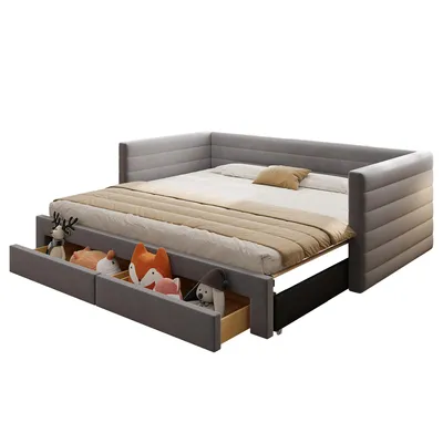 Produktbild von Merax 3-in-1 Polsterbett Tagesbett mit 2 Schubladen, Schlafsofa 90/180×190 cm aus Baumwoll-Leinen, ausziehbare Einzelbett Doppelbett, Grau