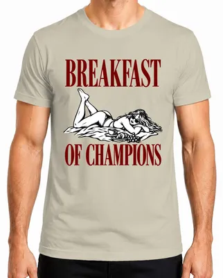 Immagine prodotto di Maglietta da uomo, taglia L, con la scritta "Colazione da campioni" e un'immagine di una donna attraente in bikini. Umorismo per adulti. Motivo: natura