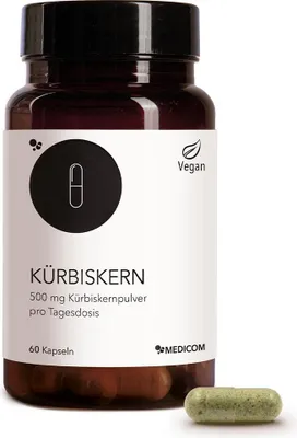 Produktbild von Medicom Kürbiskern mit 500mg Hochwertiges Kürbiskernpulver, 60 Kapseln