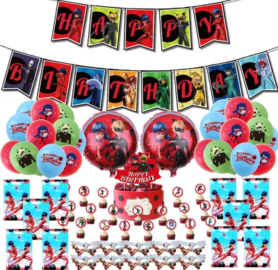 Produktbild von Ladybug Partyset - 68-teiliges Dekorations- und Zubehörpaket für Kindergeburtstag - Ballons, Banner, Kuchentopper, Geschenktüten & mehr