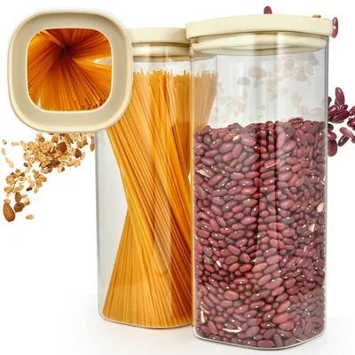 Zdjęcie produktu dla Słoiki do przechowywania Dalena Home® z pokrywkami, zestaw 2 sztuk, wykonane z wytrzymałego szkła borosilikatowego + etykiety (2 x 2000 ml) - hermetyczne i możliwość układania w stos - pojemniki do przechowywania w kuchni, pojemniki do przechowywania żywności, kwadratowe