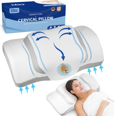 A product shot of a memory foam cervical pillow with its packaging and a woman sleeping on it.
