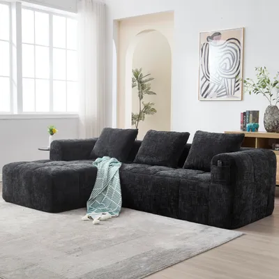 Produktbild von Sweiko Modernes Sektionssofa, L-Sofa, 3-Sitzer-Sofa, keine Installation erforderlich, Chenille-Sofa mit Chaiselongue und Armlehnen, 3 Kissen, Seitentasche für Fernbedienung, Schwarz