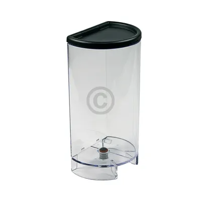 A transparent plastic water tank with a black lid, placed on a white background.