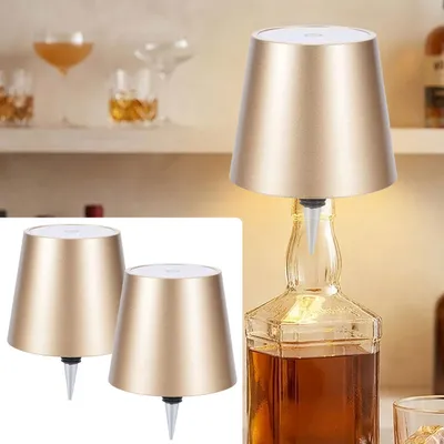 Produktbild von 2er-Set Flaschenlampe, 8h Power-Akku: Dimmbar - 3600 mAh - 3 Lichtfarben, Gold -Stimmungsvolle Beleuchtung - Flaschenlicht mit Metallschirm