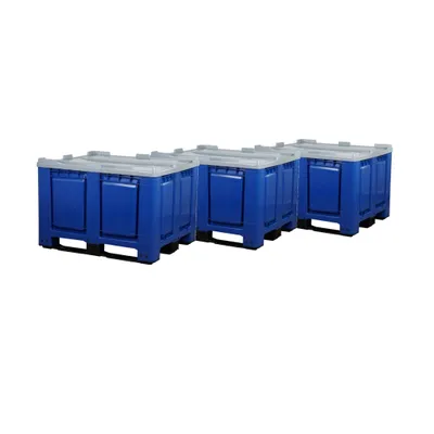 Produktbild von 3 Stück Palettenboxen mit Deckel 680l 1200x1000x790 mm Blau - 3 Kufen