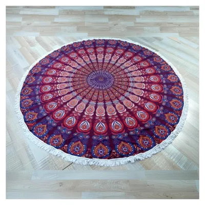 Produktbild von Rundes Mandala Tuch aus Indien, Boho Tagesdecke, Picknickdecke, Stranddecke, Runde Tischdecke - Rot/Lila, 180x180 cm
