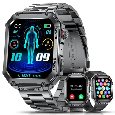 Produktbild von Militär Smartwatch Herren Großes Smart Watch mit Metallarmband Smartwatch für Herren mit 3 Bänder 400mAh 100+ Sportmodi 5ATM Wasserdicht Schwarz