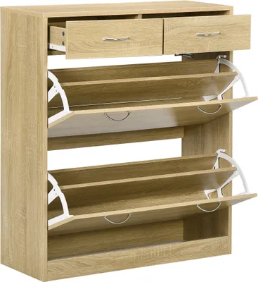 Produktbild von HOMCOM Schuhschrank, Schuhregal aus Holz, für 12 Paar Schuhe, mit 2 Falttüren und 2 Schubladen, für Wohnzimmer, Flur, 80 x 30 x 91,5 cm, Eiche