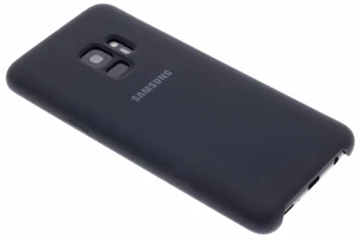 The back of a black Samsung phone case is shown against a white background.