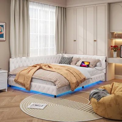 Image de Canapé-lit 140x200 cm avec éclairage LED et port USB, convertible de jour couleur crème, lit rembourré avec sommier à lattes