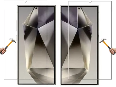 Two smartphone screen protectors are shown, with hammers striking them to demonstrate their durability.