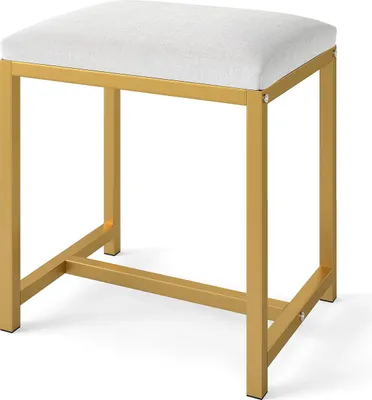 Zdjęcie produktu dla COSTWAY Taboret do makijażu, Taboret Vanity z tapicerowanym siedziskiem i metalowymi nogami, Nowoczesny tapicerowany taboret, Biały + Złoty