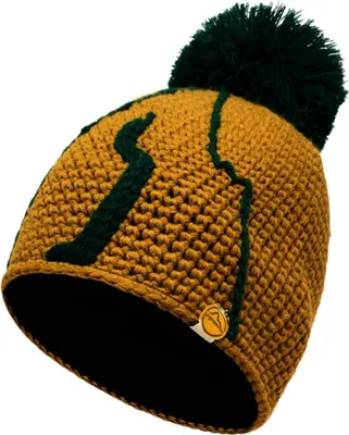 Gestrickte La Sportiva Dorado Beanie in Senfgelb mit dunkelgrünem Muster und Bommel