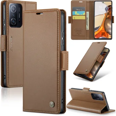 Obrázek produktu pro Xiaomi 11T Pro Pouzdro, RFID Blokování Karet, Pokročilé Flip Kožené Pouzdro s Funkcí Stojánku pro Xiaomi 11T / 11T Pro Hnědý