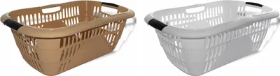 Two laundry baskets, one beige and one white, are shown side-by-side against a white background.