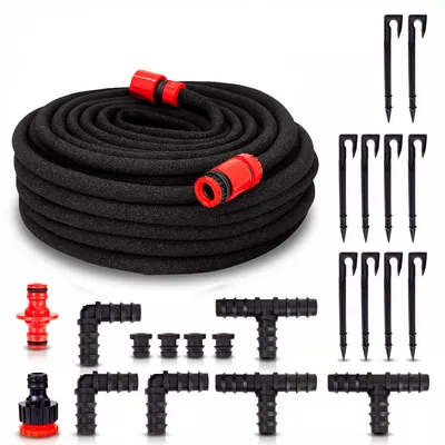 Produktbild von Grafner 15 Meter Perlschlauch Starter-Set, 23 teilig mit Erdanker, Eckverbinder, T-Verbinder, Endstopfen und Klickanschlüssen, wassersparend Bewässerungsschlauch Tropfschlauch