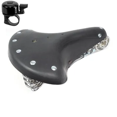 Image de Selle de vélo rétro pour vélo de randonnée en cuir véritable noir, cloche incluse