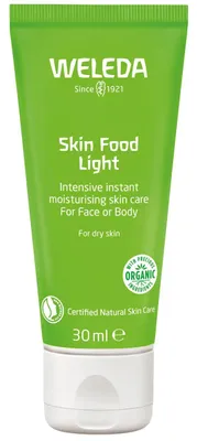 Produktbild von Körper- und Gesichtscreme, Weleda, Skin Food Light, feuchtigkeitsspendende und feuchtigkeitserhaltende Wirkung, leichte Textur, 30ml