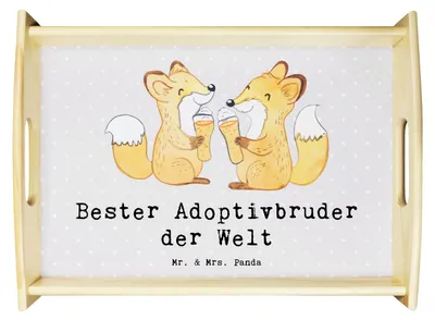 Produktbild von Mr. & Mrs. Panda Serviertablett Fuchs Bester Adoptivbruder der Welt - Grau Pastell - Geschenk, Geschenkidee, tablett für bett, teetablett, holz, Bruder, Familie, Sofa