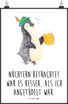 Produktbild von Mr. & Mrs. Panda Bild Pinguin Bier DIN A1 - Weiß - Geschenk, Kunstdruck, wanddeko, , wandkunst, Wandbild, Angetüdelt, Pinguine, Feierabend, Beschwippst, Plakat