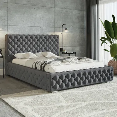 Produktbild von MOTIVENA Dianna Chesterfield Polsterbett 180x200 mit Bettkasten, Metall Lattenrost, Bett 180x200 Grau Samt (Jasmine 96)