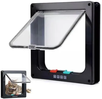 Imagen del producto de Puerta para gatos y perros pequeños de la marca Unyqoos®, fabricada en ABS, con puerta transparente, sistema de cerdas y sistema de bloqueo de 4 niveles, ideal para puertas, ventanas y cristales