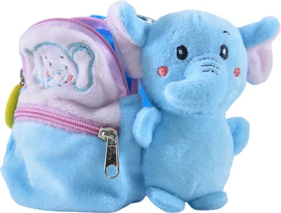 A plush toy elephant with a backpack attached, shown against a white background.