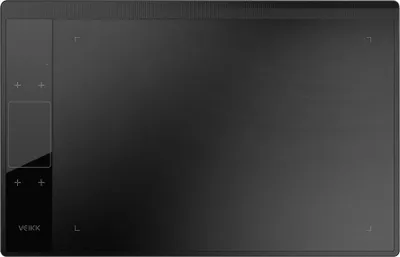 A black digital graphics tablet is shown from a top-down perspective against a black background.