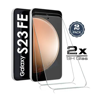 A product shot of two screen protectors for a Samsung Galaxy S23 FE 5G phone, with packaging and text overlays.