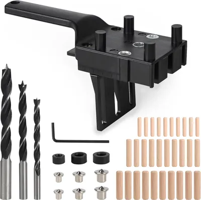 Produktbild von 44-teiliges Set: Verstellbare Bohrschablone, Scharnierbohrlehre, Taschenlochbohrlehre (6/8/10 mm), Holzbearbeitungs-Bohrschablone, Dübelbohrlehre, Holzbearbeitungs-Führungslochpositionierer, gerade, schwarz