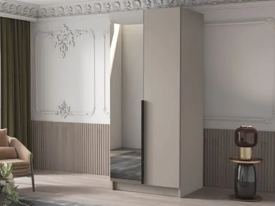 Obrázok produktu pre Úzka šatníková skriňa 100 cm so zrkadlom SELLY 2 - kašmír / čierna
