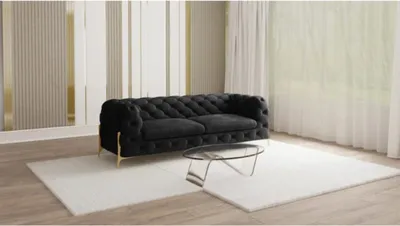 Produktbild von S-STYLE MÖBEL - Chesterfield Sofa 3-Sitzer Nova mit Goldene Metall Füßen aus Schwarz Samtstoff, B/T/H: 225 cm/ 100 cm/ 75 cm