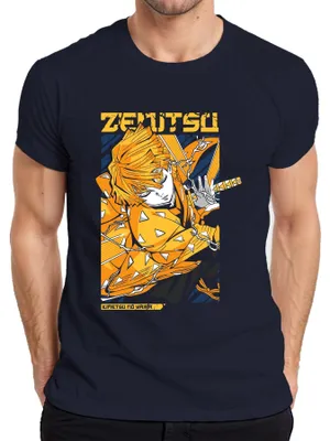 Zdjęcie produktu dla Zenitsu Agatsuma Kimetsu no Yaiba Lightning Sword Anime Japan Y2K Streetwear Manga T-Shirt Męski, Granatowy, M