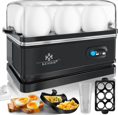 Produktbild von KESSER® Eierkocher für 1 bis 6 Eier elektrisch aus Edelstahl 400W & Warmhaltefunktion | Kipp-Funktionsschalter drei Härtegrade | BPA-Frei & Spülmaschinenfest | Messbecher & 2x Omlettschalen